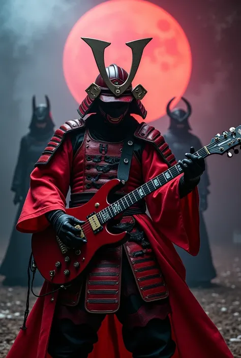 A male samurai in a sexy visual kei outfit playing an electric guitar, Gackt style。The background is a dim moonlit mist.、Red Armor、A female samurai wearing a black demon mask is standing behind、A depiction of a swordsman in a fighting stance with both arms...