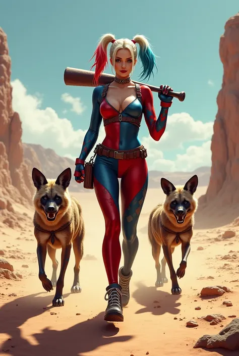 Full body Harley Quinn walking in the desert with her two hyenas 