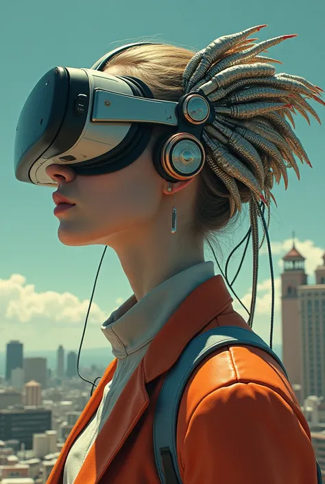 Vintage style avatar of a teenage female wearing a high-tech VR headset, situated in an otherworldly San Francisco backdrop, posing elements of HR Giger and Beksinskis intricate mind-bending forms and Artgerms signature flair, trending on both CGSociety an...