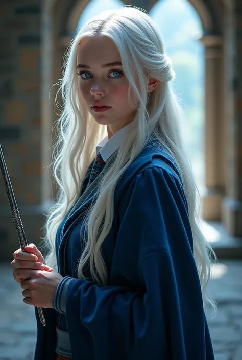 Girl with long white hair ,blue eyes hogwarts student from house reveclaw with his silver wand with genas dueling