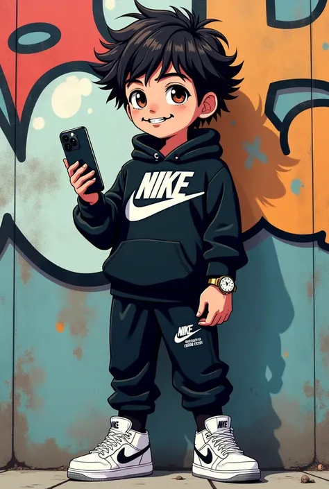 To create an anime cartoon style photo of a boy with the following characteristics, follow these guidelines:

1. **General Design:**
   - **Pose and Proportions:** Draw the boy in full body, positioned so that it highlights the clothing and accessory. Make...