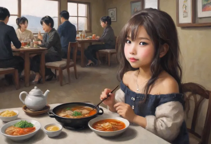 A cute Yuna (age 5, off the shoulder sweater, miniskirt, matching heels, no bra) she is seated at a table happily eating hot pot and flirting with viewer
