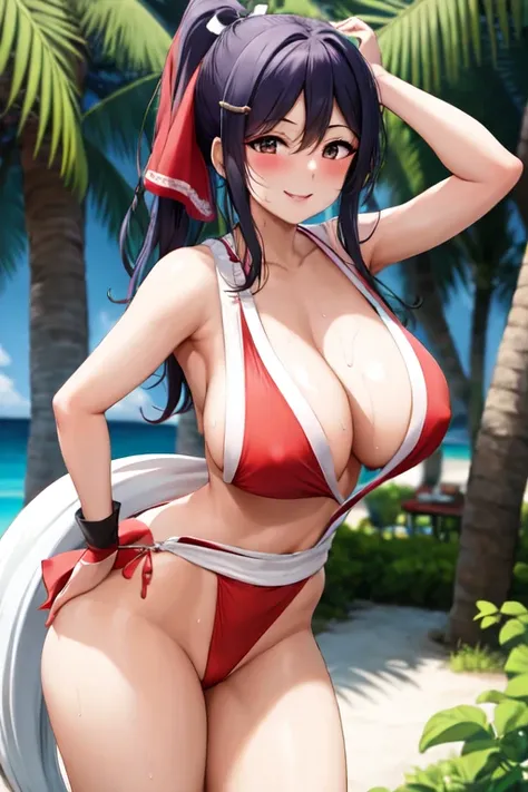 masterpiece, best quality, beautiful art, high resolution, well formed hands, body and fingers, 1 woman, solo, Kanan Matsuura, red makeup, red lipstick,adult, grown up,  cosplaying as Mai Shiranui , mai_shiranui_cosplay, adult, large and big breasted, clea...