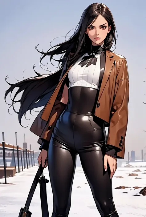 women, dark brown slanted eyes, straight black hair, slim, strong complexion, brown jacket, black leather pants, holding a bow i...