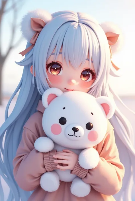 Dinamic long hair white and blue. (Cute girl in hand white bear doll. Anime 