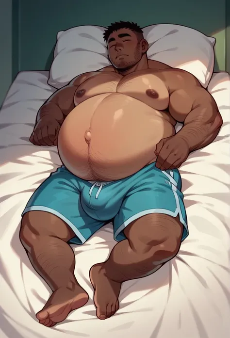 Chubby African man, chubby, big fat pregnant potbelly, trunks, big bulge, sleeping.