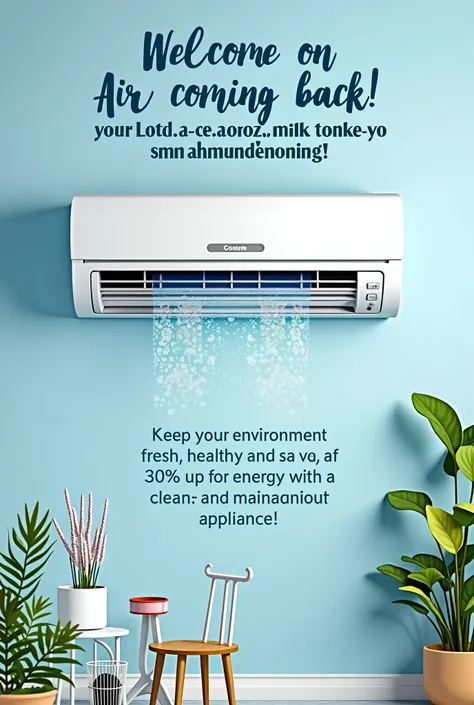 Create a welcome card with a clean, modern look, using a color palette that evokes freshness and summer weather, like shades of blue and white. The main image should depict an air conditioning unit being cleaned or a graphical representation of energy savi...