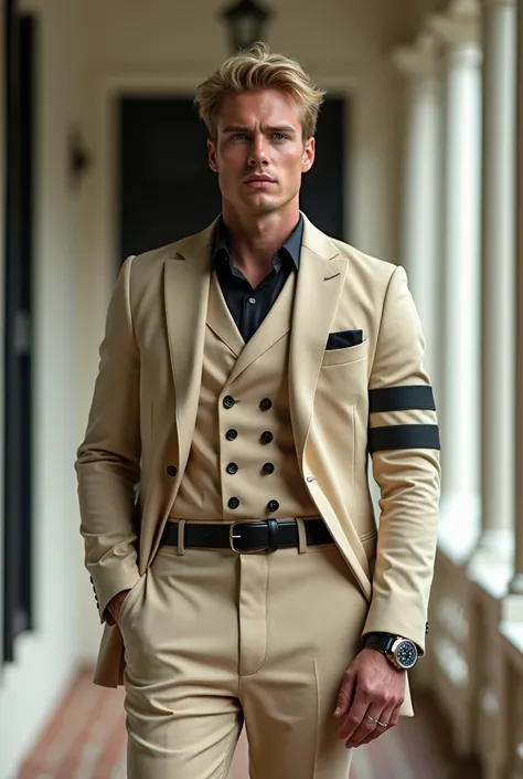 Very handsome man, tall, wearing a beige three-piece suit with black horizontal and vertical stripes.

His short blond hair is styled in a surfers cut.

He has a black belt attached to his suit pant

He have blue eyes

His gaze is hard and authoritative

H...