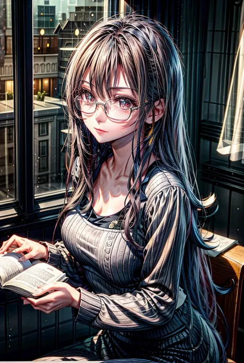 Long black hair、Shiny Hair、By the window of the café、Reading a book with a cup of coffee、Glasses、Rain outside the window、Serious look、View Book