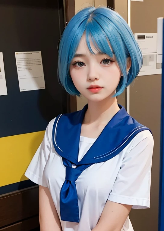 Bright blue hair。Short Hair。High school girl wearing sailor suit。Ephemeral beautiful girl。