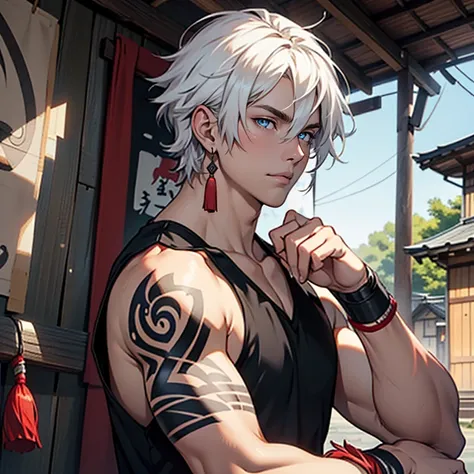 ((masterpiece)), (((best quality))), solo, 1 male, pale white skin, white hair, shoulder-length hair, straight hair, bob hair style, handsome young man, blue eyes, lean, tall, slender, detailed background of a japanese village, black tank top, intricate ta...