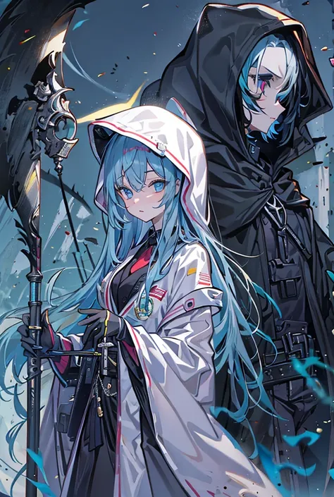 Grim Reaper&#39;s Beautiful Girl,Sensual,Transparent,Pale blue lips,Scythe,Tattered black hooded robe,White textured skin, Highest quality, blue eyes, Expressionless, Anime Style,The world of bones