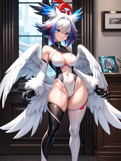 kemono style, colourful hair, blue eyes, small cute black beak, avian, she is an anthro Pidgeot,  white body, white arms and hands, black claws, standing, indoors, skimpy clothing, leg exposed,large breast 