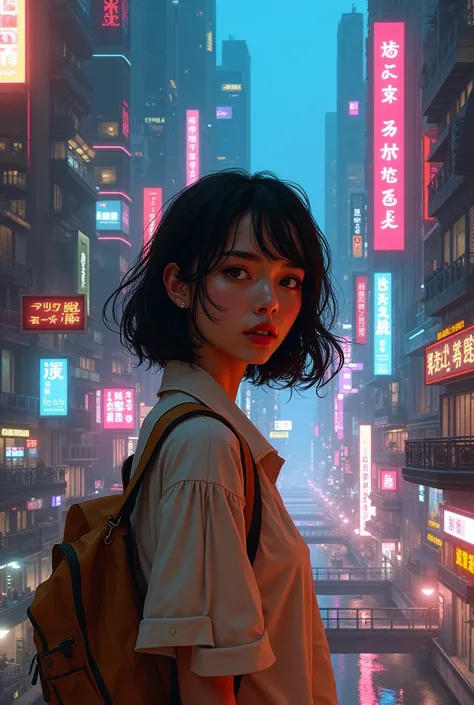 A LOFI-STYLE GIRL IN A CYBERPUNK CITY  