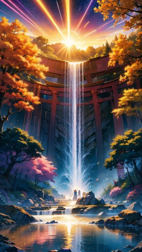 sun，Dazzling Light，Light，Shine，torii，waterfall，Streaks of Light，High resolution, High resolution, 8k, Masterpiece 2:1,16K, 超High resolution, 超High resolution, to be born,wonderful ,future、Iridescent、The world 30 years from now。