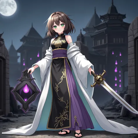 1 girl, from side, medium hair, evil smile, magatama, anime, Ruined City, Summoning a magic sword, destroying, Feeling dark energy, Gathering dark energy, armor, feng shui, Holding a symbol of faith, pillars of purple fire, green eye, brown hair, black chi...