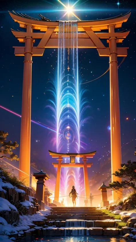 sun，Dazzling Light，Light，Shine，torii，waterfall，Streaks of Light，High resolution, High resolution, 8k, Masterpiece 2:1,16K, 超High resolution, 超High resolution, to be born,wonderful ,future、Iridescent、The world 30 years from now。