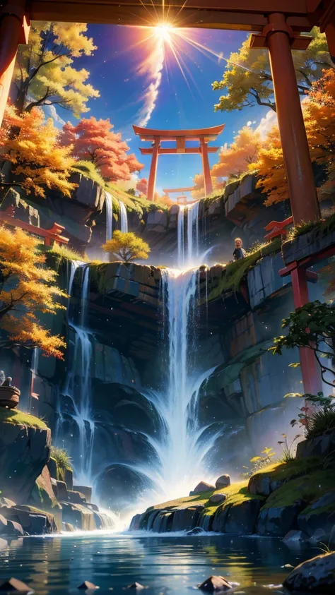 sun，Dazzling Light，Light，Shine，torii，waterfall，Streaks of Light，High resolution, High resolution, 8k, Masterpiece 2:1,16K, 超High resolution, 超High resolution, to be born,wonderful ,future、Iridescent、The world 30 years from now。