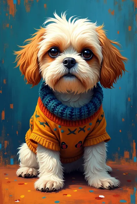 a black and white shih tzu dog wearing a sweater in a Vincent Van Gogh painting style