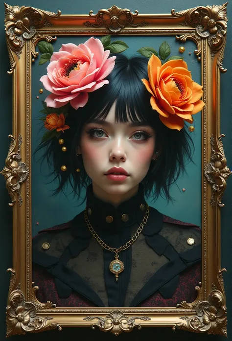 award winninga painting of a woman with flowers in her hair, cyberpunk art by Tom Bagshaw, cgsociety, pop surrealism, dystopian art, androgynous, rococo 