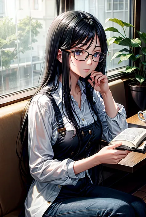 Long black hair、Shiny Hair、By the window of the café、Reading a book with a cup of coffee、Glasses、Rain outside the window、Serious look、View Book