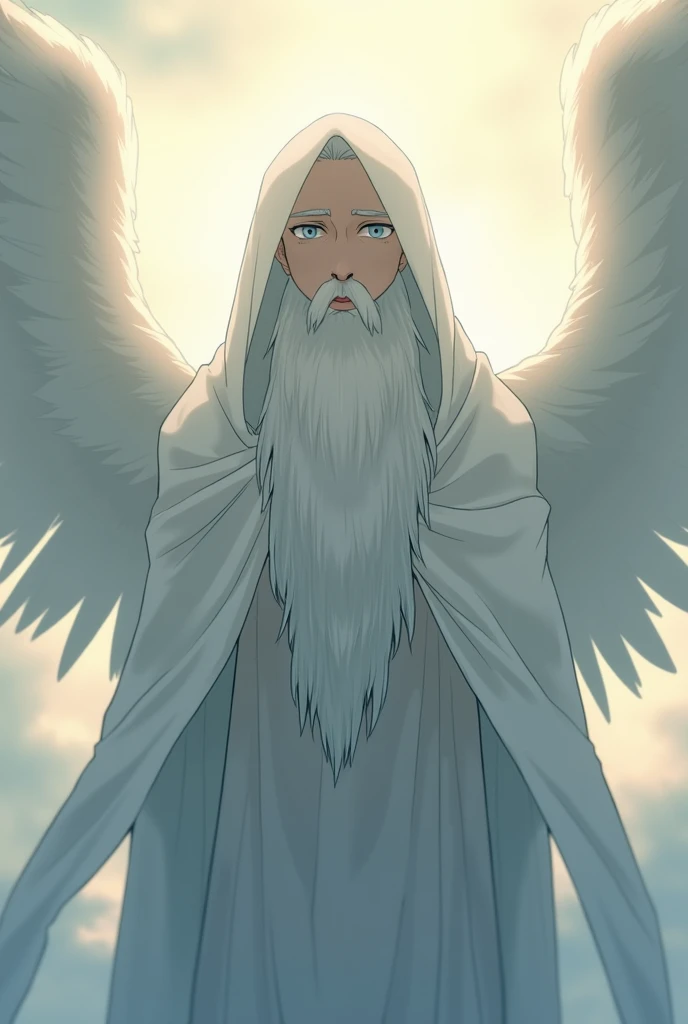 Create an anime of an angel with a hood and a beard 