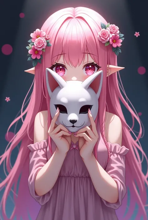 Create an anime girl with long pink hair wearing flowers in her hair. No ears on her head. Wearing a pink dress holding a kitsune mask in front of her vertically covering half of her face with her right hand. With dark mysterious background.