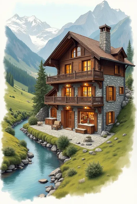 Create a sketch image of a house in Switzerland, showing its aesthetics and the rooms in detail 