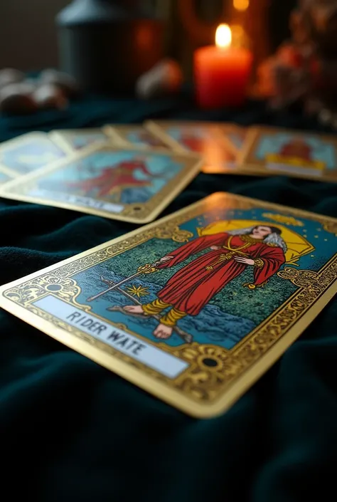 Close-up of the Rider Waite Tarot deck spread out on a black velvet table, with a soft light source in the center.