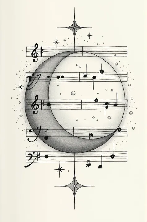 line drawing of the moon and the morning star surrounded by a sheet of music as if enclosing them