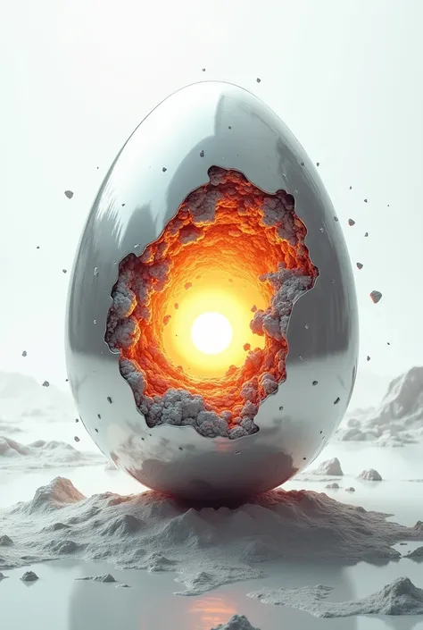 Gravity-Defying Egg: "A futuristic egg that appears to bend the laws of physics, with chunks of its metallic surface floating apart and rearranging themselves while defying gravity. The eggs core is a glowing singularity, radiating bright light. The backgr...