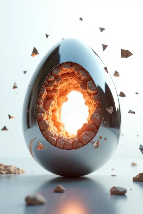 Gravity-Defying Egg: "A futuristic egg that appears to bend the laws of physics, with chunks of its metallic surface floating apart and rearranging themselves while defying gravity. The eggs core is a glowing singularity, radiating bright light. The featur...