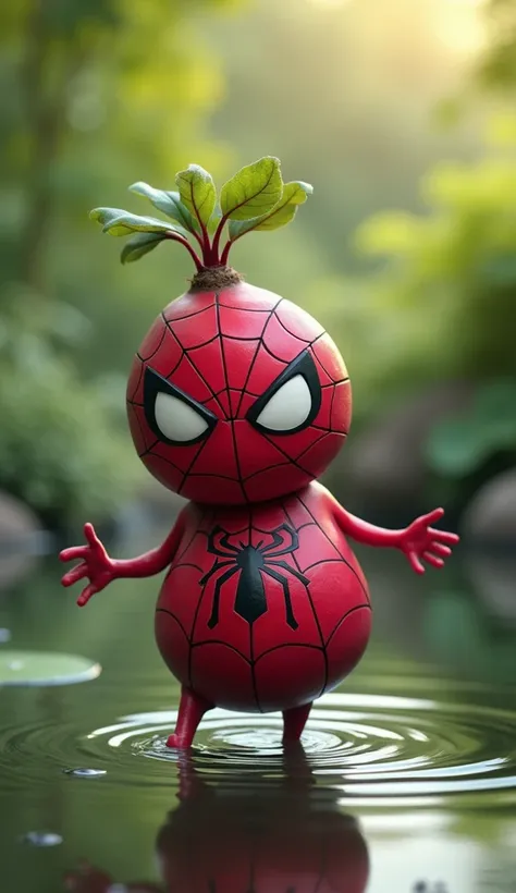 /Imagine Subject: A cute red cute litter spiderman Beetroot whose body shape is like human body

shape, Environment: pond and green

blurred background

Action:-dancing