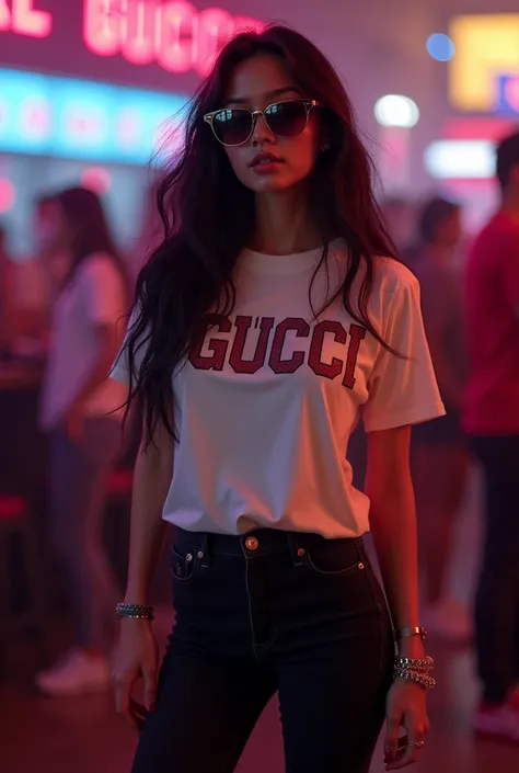 A girl with black hairs,sunglasses gucci,gucci oversize tshirt,black jeans,gucci shoes,club in background,