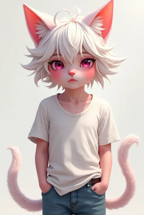 White hair pink skin pink eyes cat ears and cat tail boy in t shirt and jeans