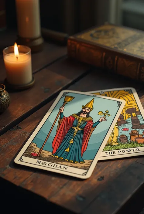 A short spread of three cards on a table, with the Magician card highlighted.
