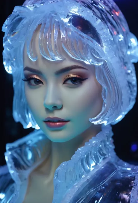 Ice sculpture pictures (3D MM images of women, (3D Depth of Field: 1.4)) In a 3D photo frame, 3DMM Light Frame, The illusion of disappearing into infinity, RGB LED point lights fade inwards from the edge, infinity mirror, 3D neon art of female body, Psyche...