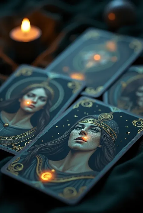 Close-up of cards such as The Priestess and The Fool, with symbols glowing softly to highlight their hidden details.

