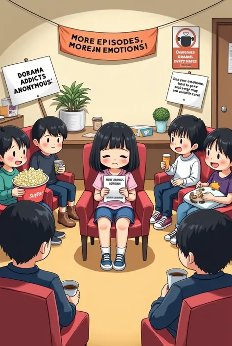 Cute illustration of a Meeting, in a room, a support group with chairs arranged in a circle, in the center of the room, a girl with a confused and slightly anxious expression is sitting. She holds a pamphlet that says "Dorama Addicts Anonymous". Around her...