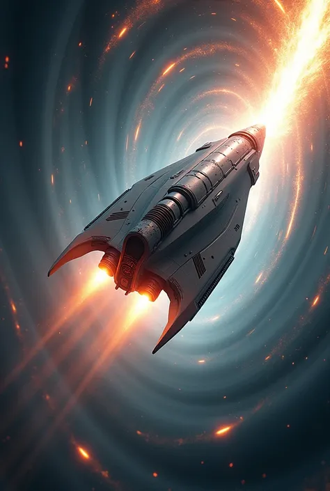 Create an image of a space-warp rocket making interdimensional travel using a wormhole 