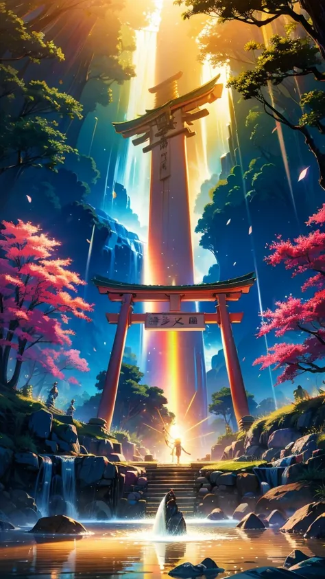 rainbow、rainbow色に光りShine、rainbow色の世界、sun，Dazzling Light，Light，Shine，torii，waterfall，Streaks of Light，High resolution, High resolution, 8k, Masterpiece 2:1,16K, 超High resolution, 超High resolution, to be born,wonderful ,future、rainbow色の、The world 30 years fr...