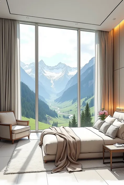 a sketch image of a large, chic bedroom overlooking the mountains in Switzerland