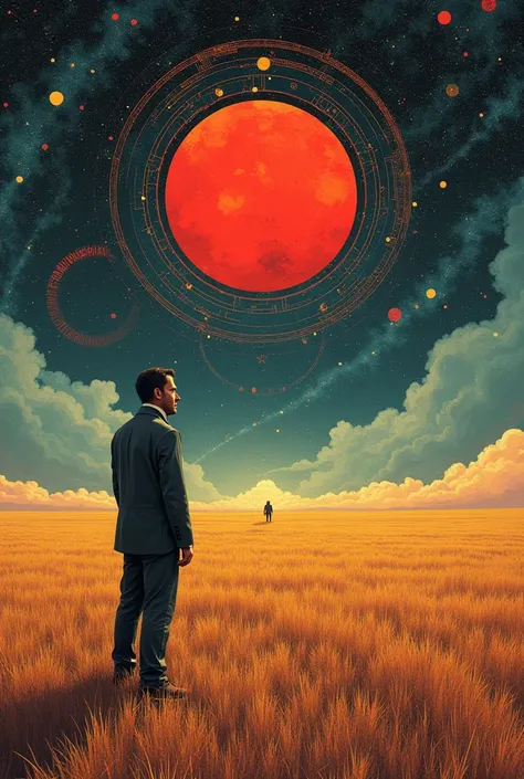 Santiago Caruso style,Linear delirium, collage art：Man standing in a field，Behind me is a huge red sun.，Fantasy Art, Milky Way,cipher, vector