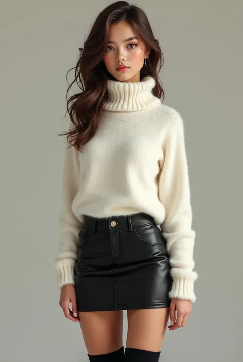 A girl with light brown hair, she was dressed in a white turtleneck sweater with a black leather miniskirt and thigh-high boots.

She has hazel-brown eyes.
She is 2.