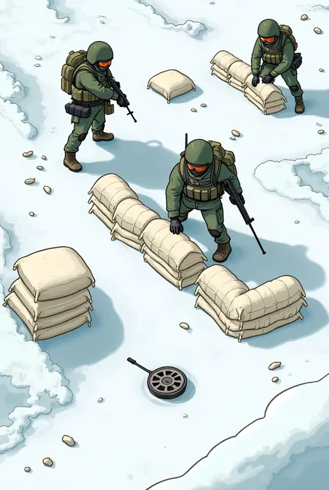  Simple cartoon photo Defensive Positions**: Soldiers setting up defensive positions in the snow, with sandbags and makeshift barricades, showing their strategic preparations.