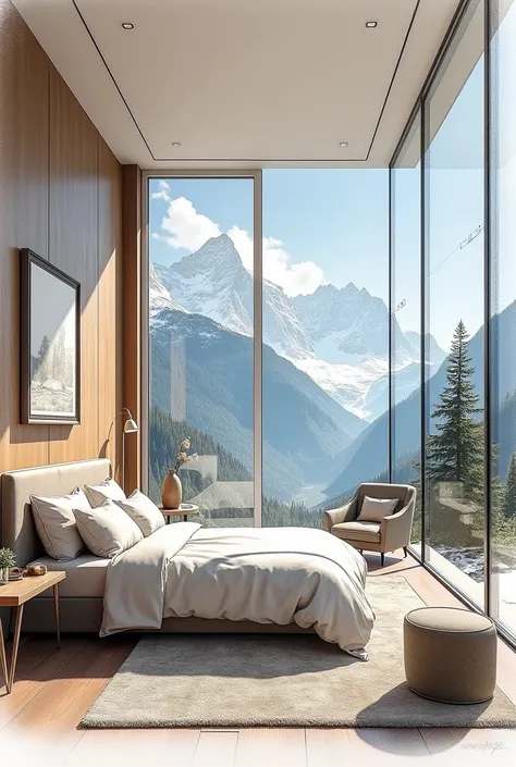 a sketch image of a large, chic bedroom with mountain views in Switzerland in detail 