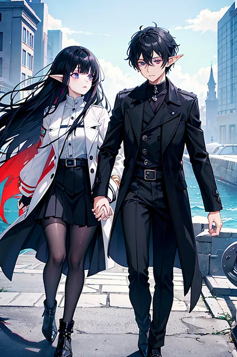 A woman with elf ears and short, layered black hair, with a gradient that goes from white to purple. She has a blue right eye and a black left eye.. His attire includes a white shirt, a black trench coat and a red skirt, with the company of his sea drogon.