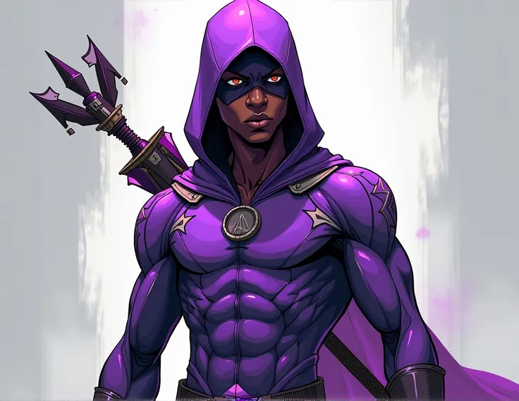 dan mora comic book illustration, hard lines, soft light, African teenage male in mostly purple spandex with grey symbols on it, wearing a matching hood pulled up to shade his eyes, mystical bow on back, no cloak, wearing matching domino mask