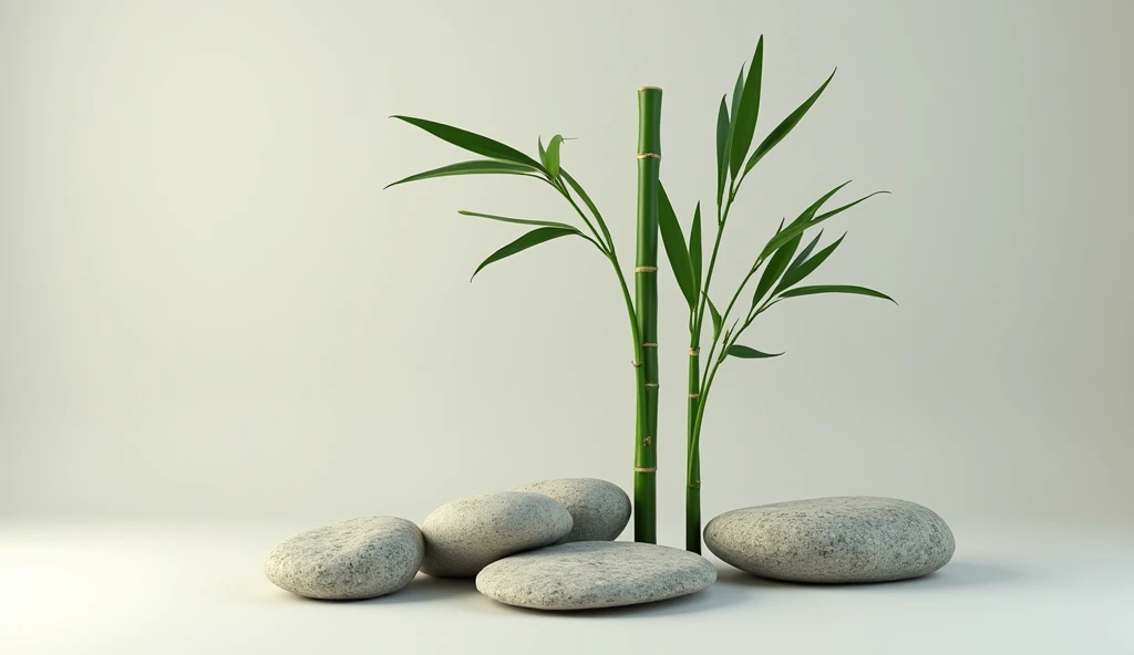 Generate the following image, a zen arrangement of bamboo and stones, reflecting serenity and balance.