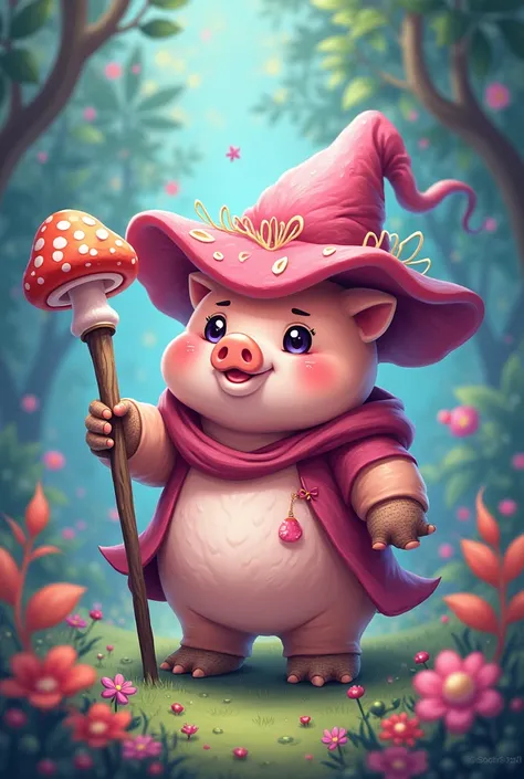 Create a pet (PAL) ,PIGGY, mushroom, with a staff, witch and demon, in universe anime, looks like a hands free art